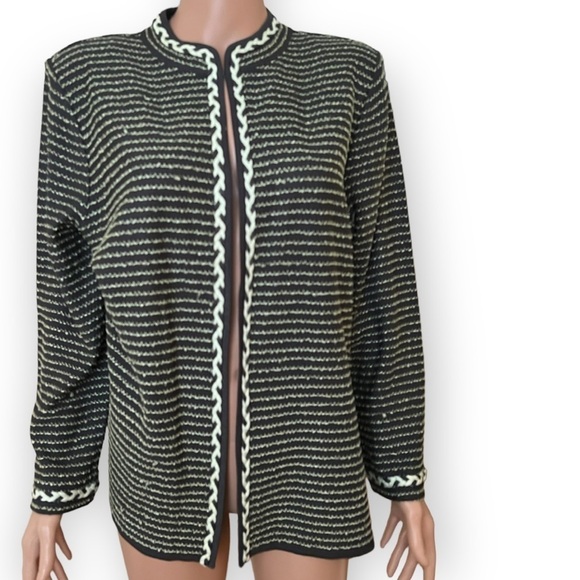 MING WANG Open Front Knit Cardigan Braided Trim Mint Green Charcoal Gray Size L - Picture 2 of 11